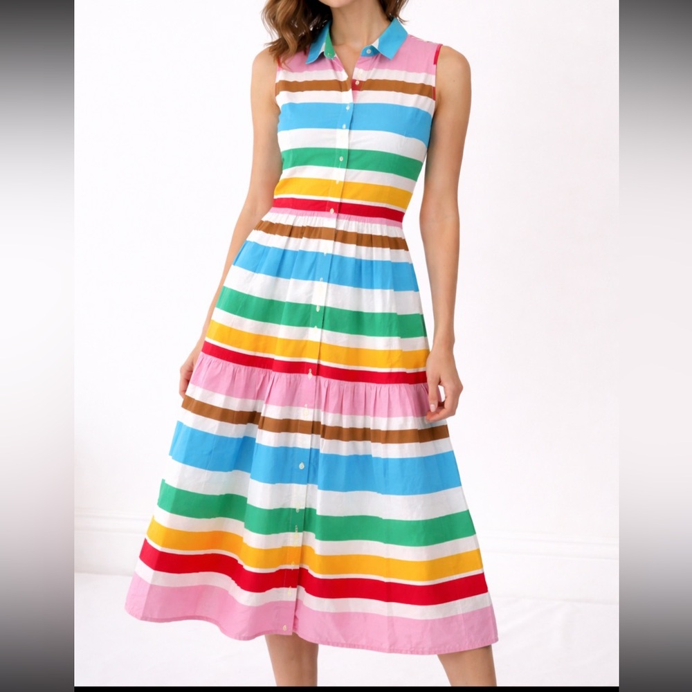 J. Crew Sleeveless Striped Collared Midi Dress in Pink, Blue, Green, Yellow, Red